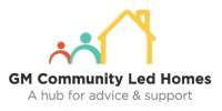 Graphic of two people icons, one red, one blue, standing next to a yellow house icon
