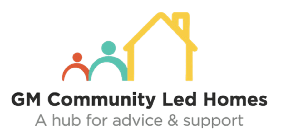 Graphic of two people icons, one red, one blue, standing next to a yellow house icon